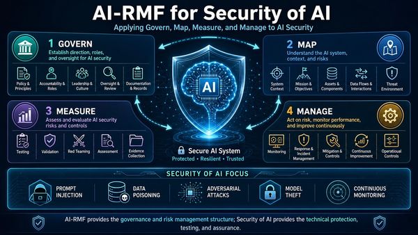 AI-RMF framework secures AI with governance, mapping, measurement, and management.