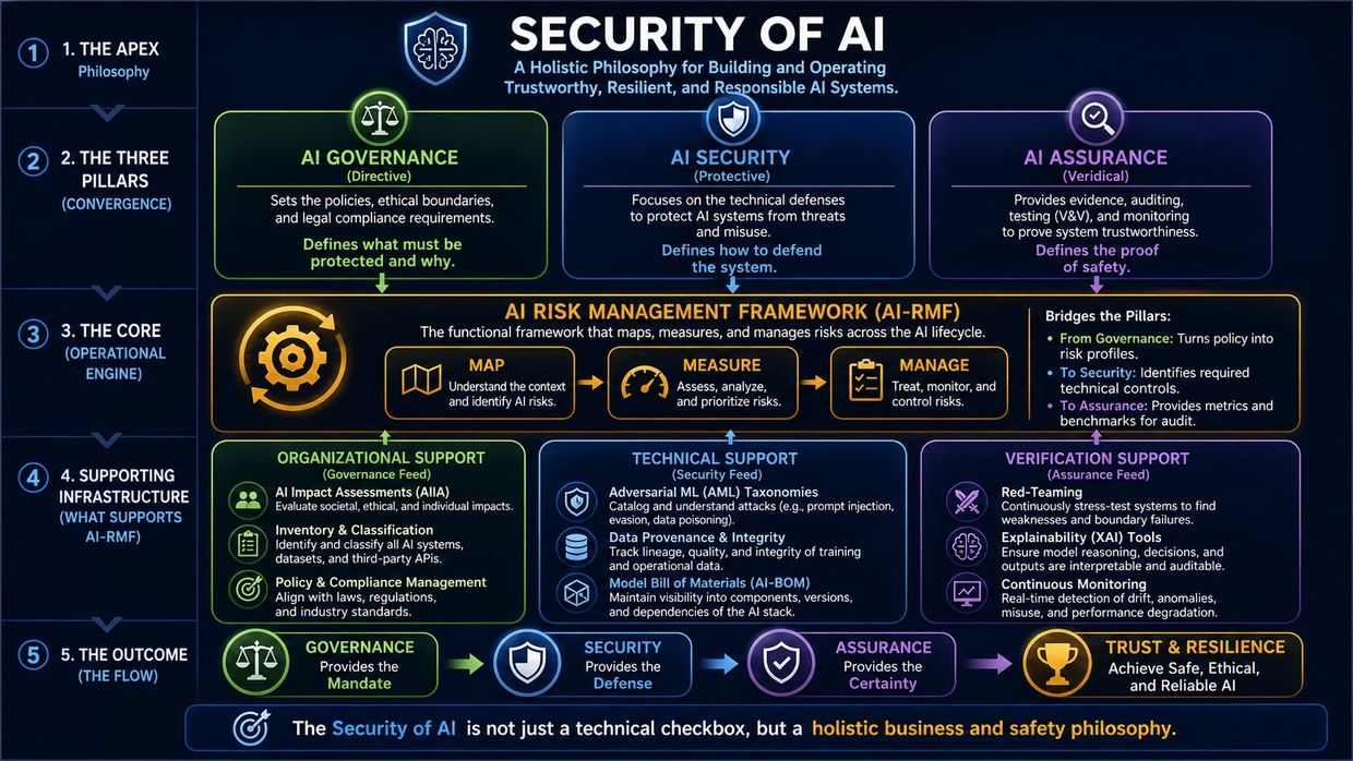 Diagram illustrating a holistic AI security framework comprising governance, security, assurance, and risk management.