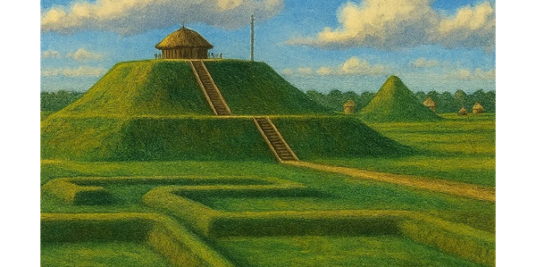 A green maze with hills and a hut under a blue sky with clouds.