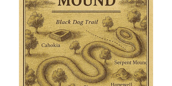 Illustrated map featuring Serpent Mound and related ancient sites in the southeastern United States.