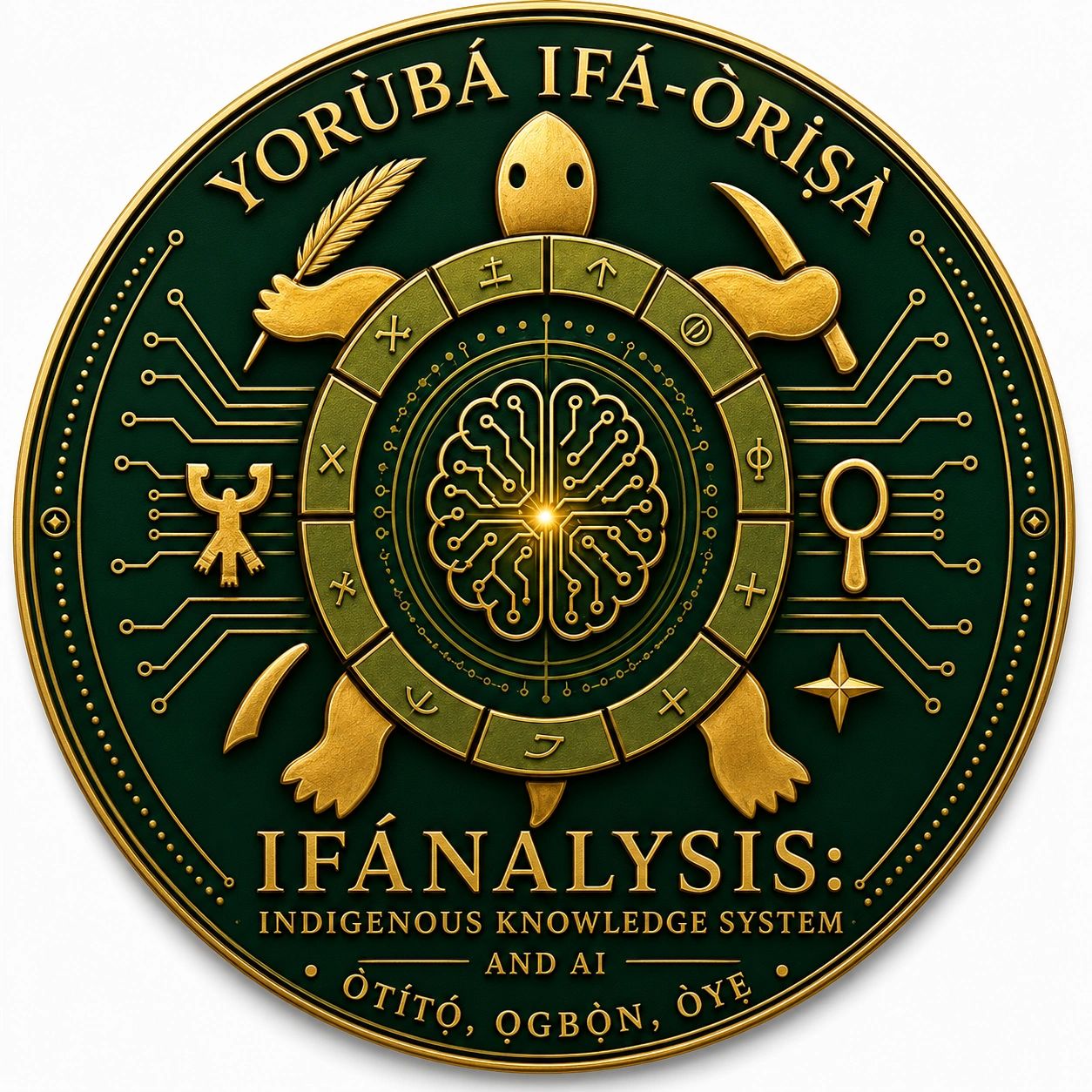 Emblem combining Yoruba Ifá-Òrìṣà symbols with AI elements, featuring a turtle and brain circuitry.