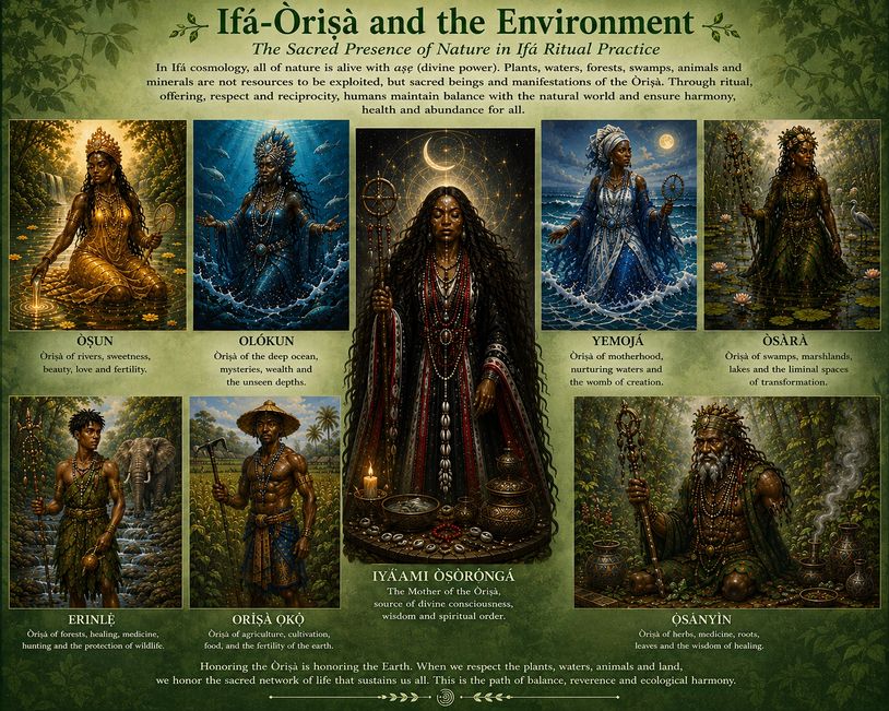 Illustrations of Ifá-Òrìsà deities representing nature's elements and balance in spiritual practice.