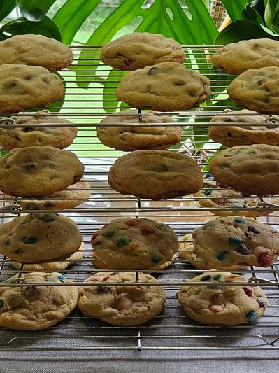 Freshly baked cookies cooling on wire racks.