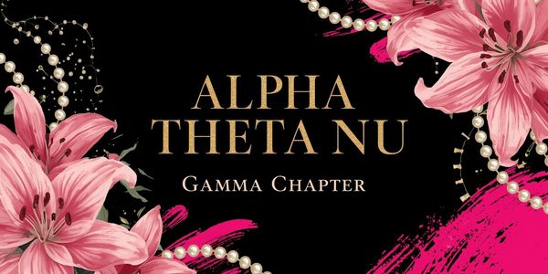 Elegant Alpha Theta Nu Gamma Chapter banner with pink lilies and pearls.