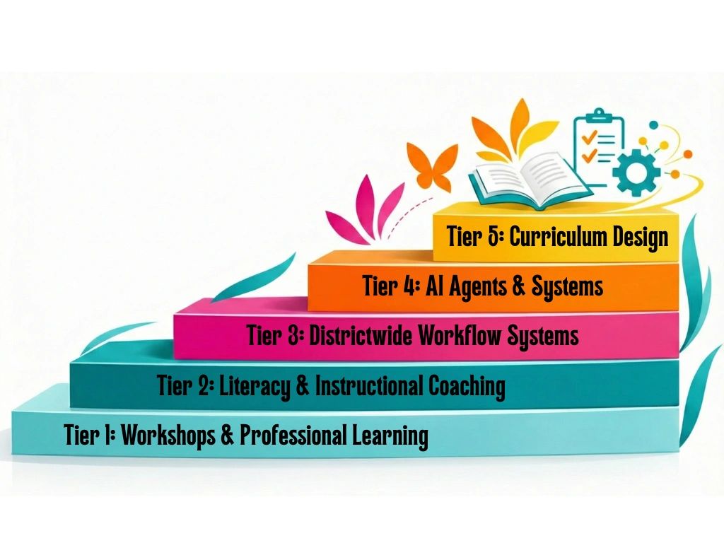 Colorful five-tier educational framework steps with labels and icons.