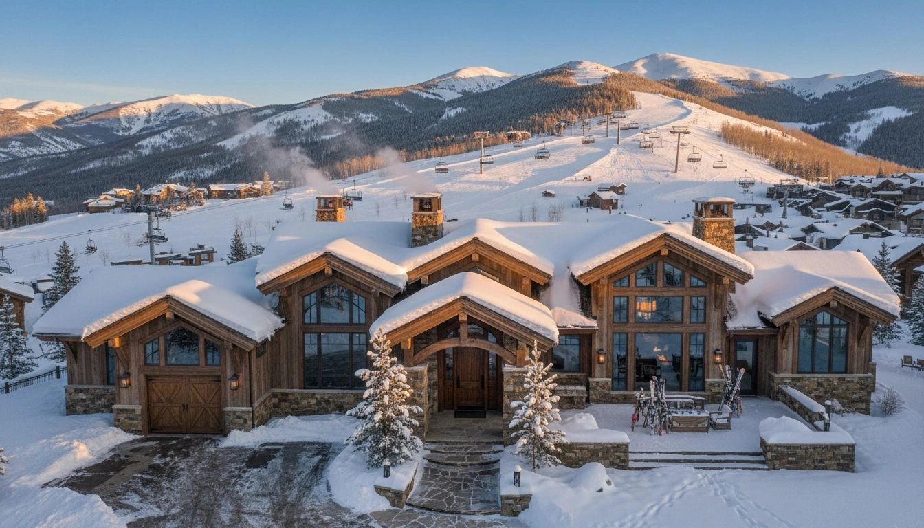 Luxury mountain cabin covered in snow with ski slopes in the background.