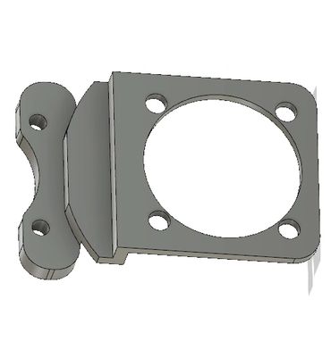 3D model of a mechanical mounting bracket with circular and bolt holes.