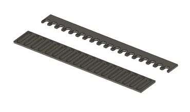 Two rectangular metal strips, one with hooks and the other with slots.