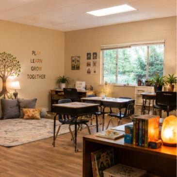 Cozy classroom with natural light and inspirational wall art.