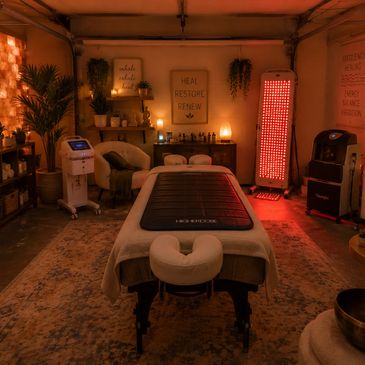 Cozy massage therapy room with warm lighting and healing equipment.
