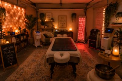 Cozy and warm massage therapy room with ambient lighting.