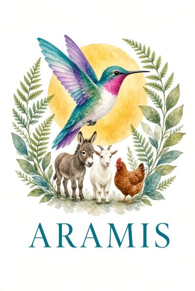 Watercolor animals around the name ARAMIS.