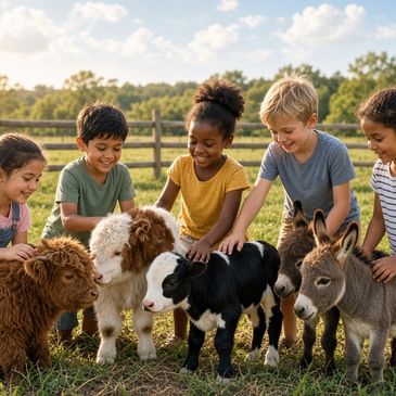 Children bonding with baby farm animals outdoors.