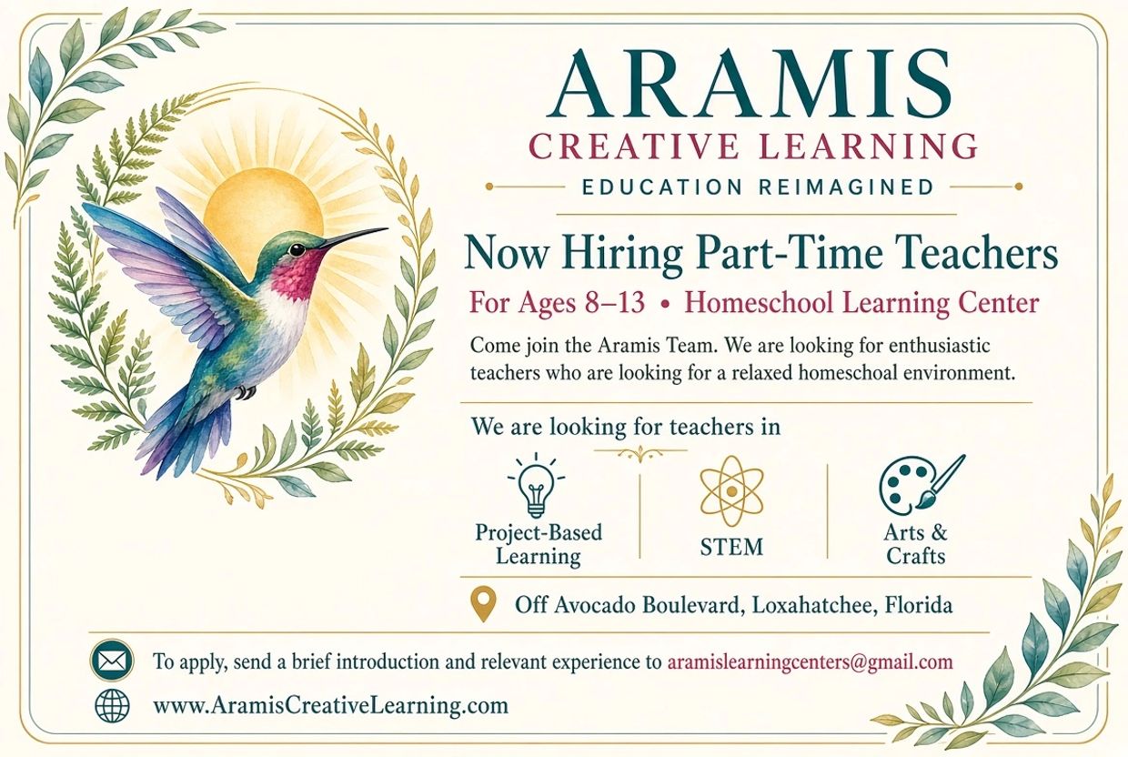 Hiring part-time teachers for ages 8-13 at Aramis Creative Learning.