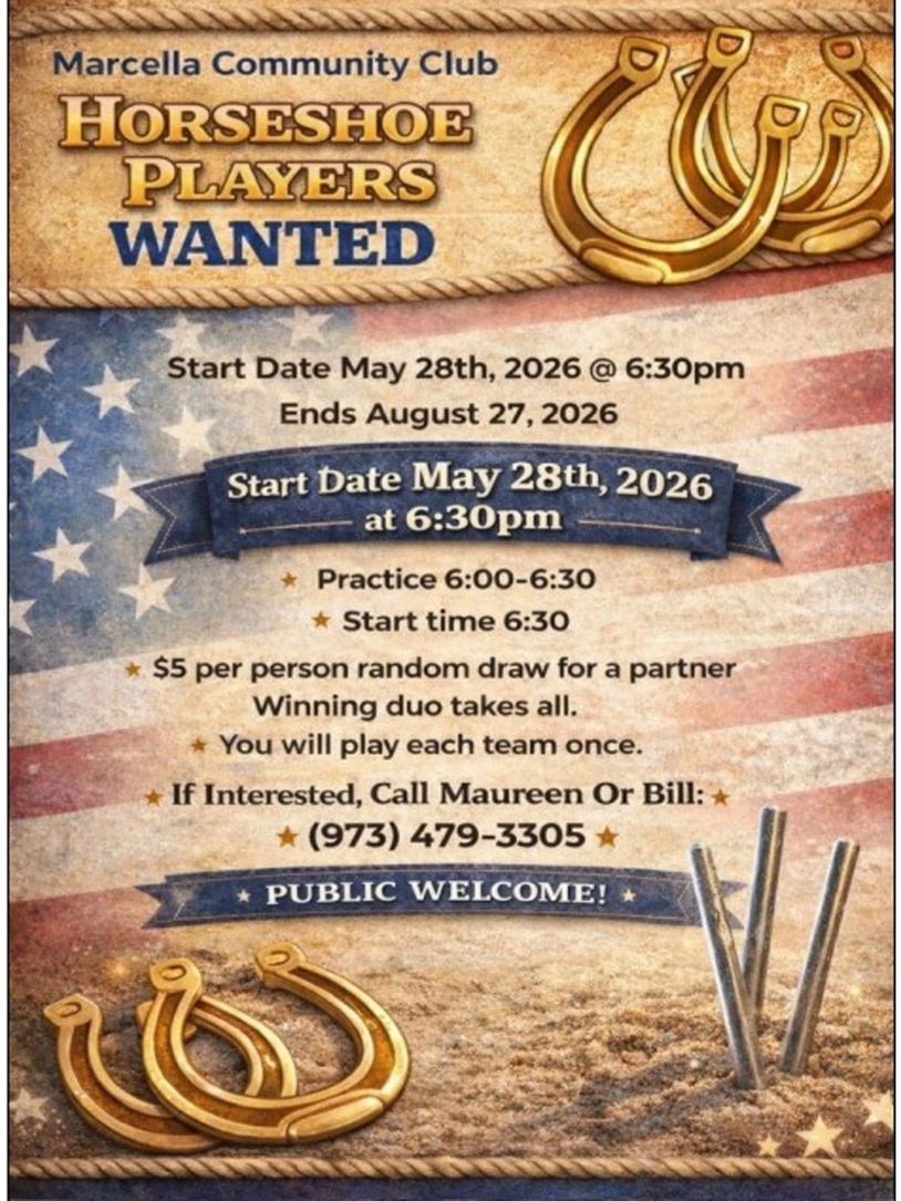 Flyer seeking horseshoe players for a competition starting May 28, 2026.