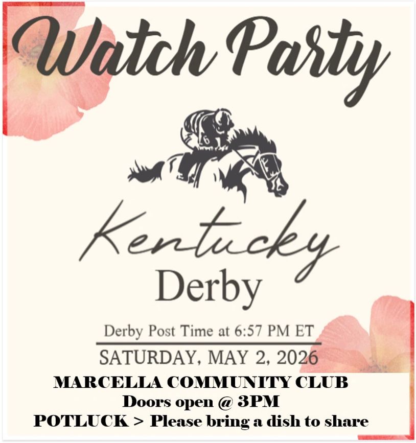 Invitation to a Kentucky Derby watch party with potluck at Marcella Community Club.