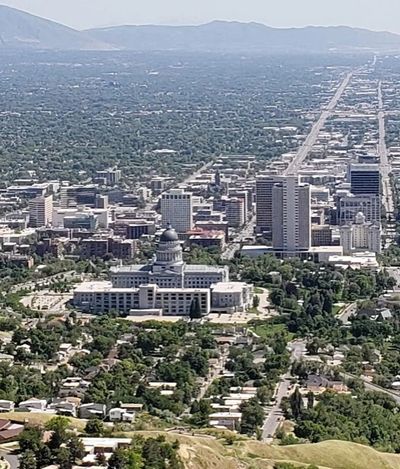 A photo of Salt Lake City Downtown looking from a nearby mountain. 