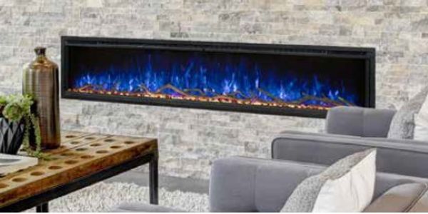 Modern Flames electric fireplace with blue flames in a marble surround