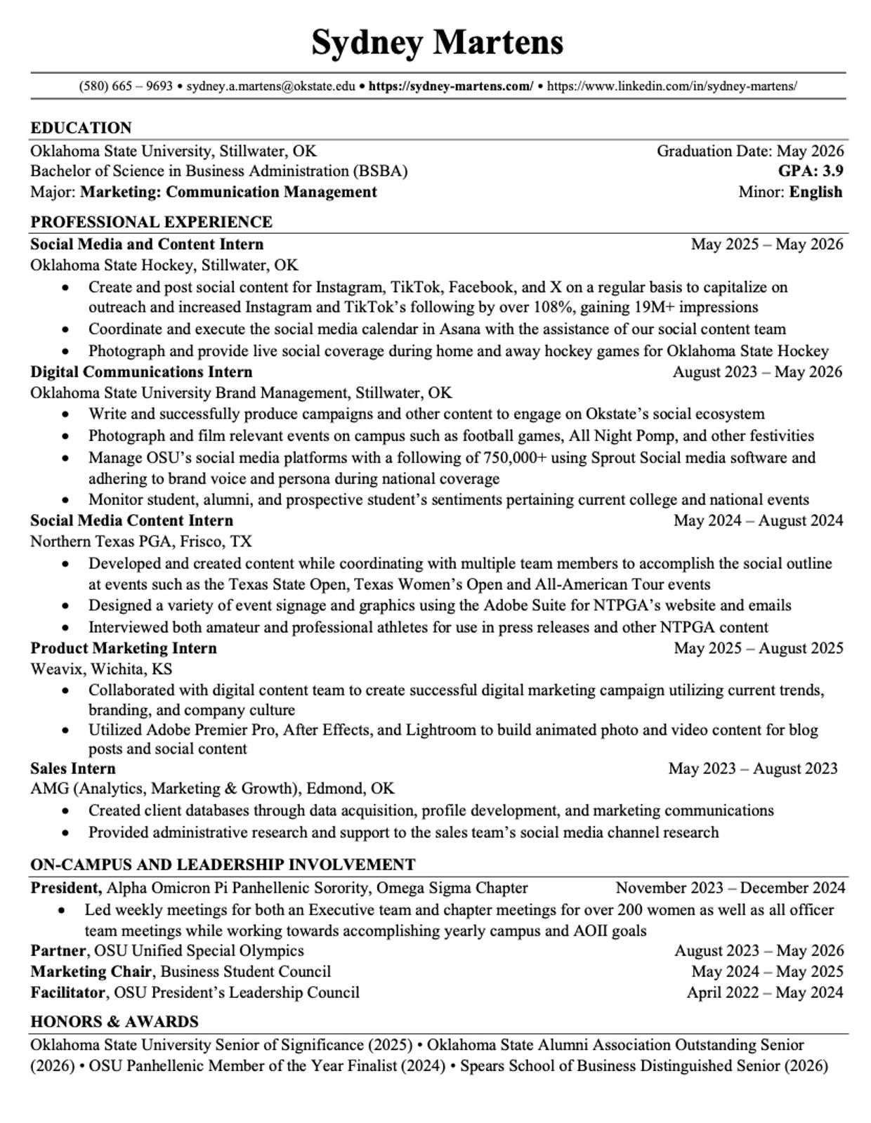 Resume of Sydney Martens highlighting education, internships, leadership, and awards in marketing and communication.