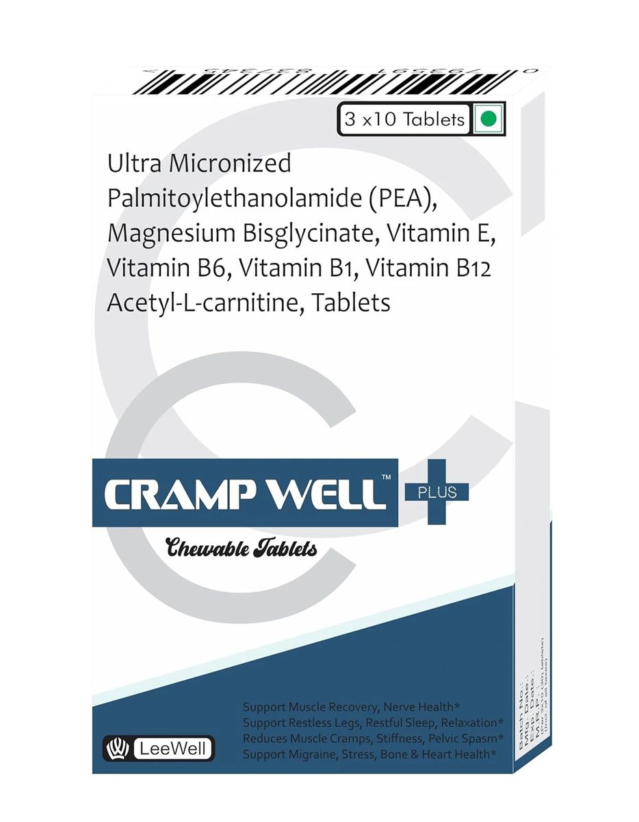 palmitoylethanolamide acetyl l carnitine Crampwell Plus with Ultra Micronized Palmitoylethanolamide (PEA), Magnesium  Bisglycinate, Vitamin E, Vitamin B6, Vitamin B1, Vitamin B12 Acetyl-L- carnitine, Tablets