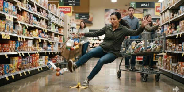 Woman slipping on a banana peel in a grocery store aisle causing premises liability personal injury.