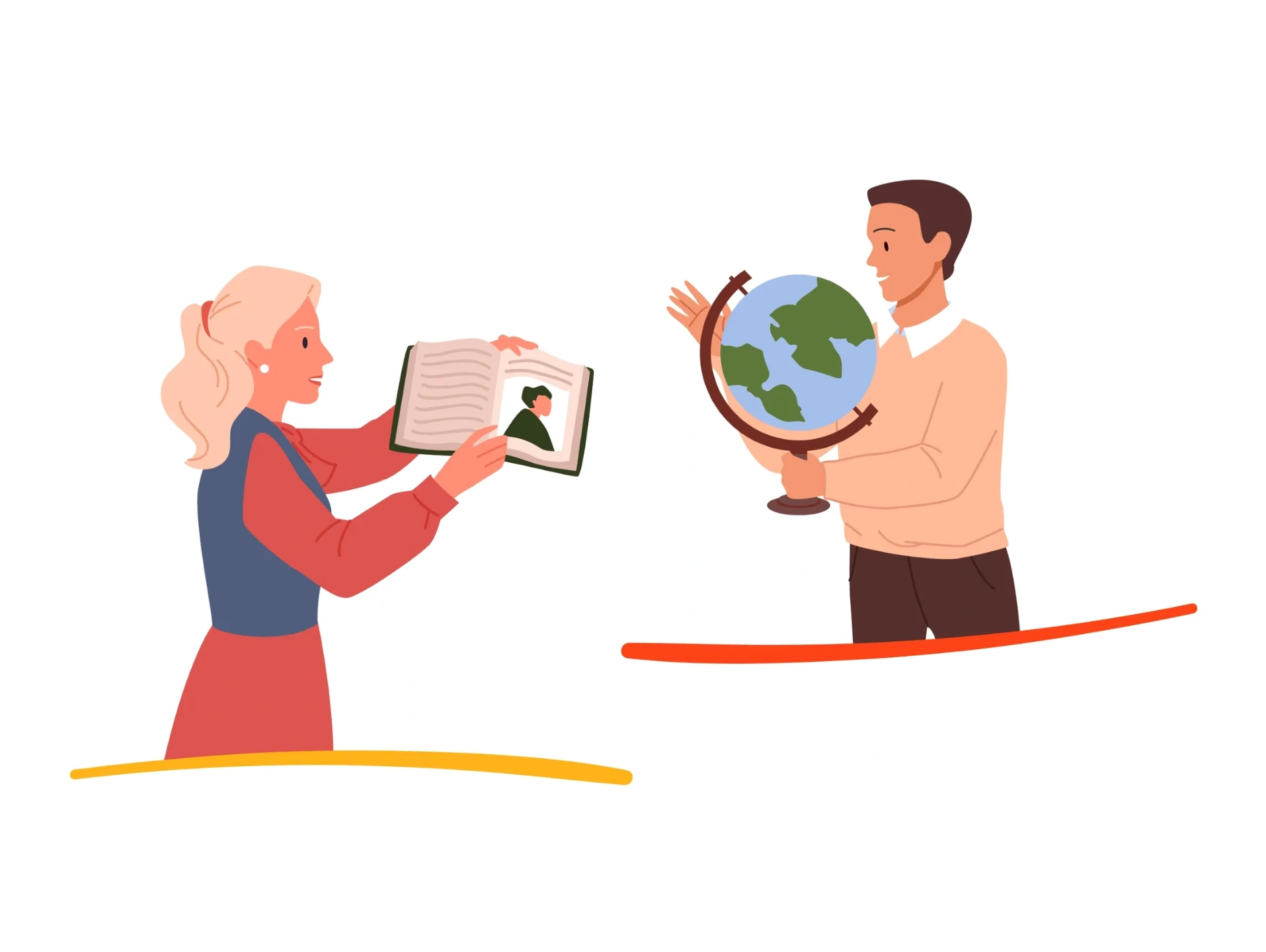 Illustration of people with a book and globe representing literary Spanish translation
