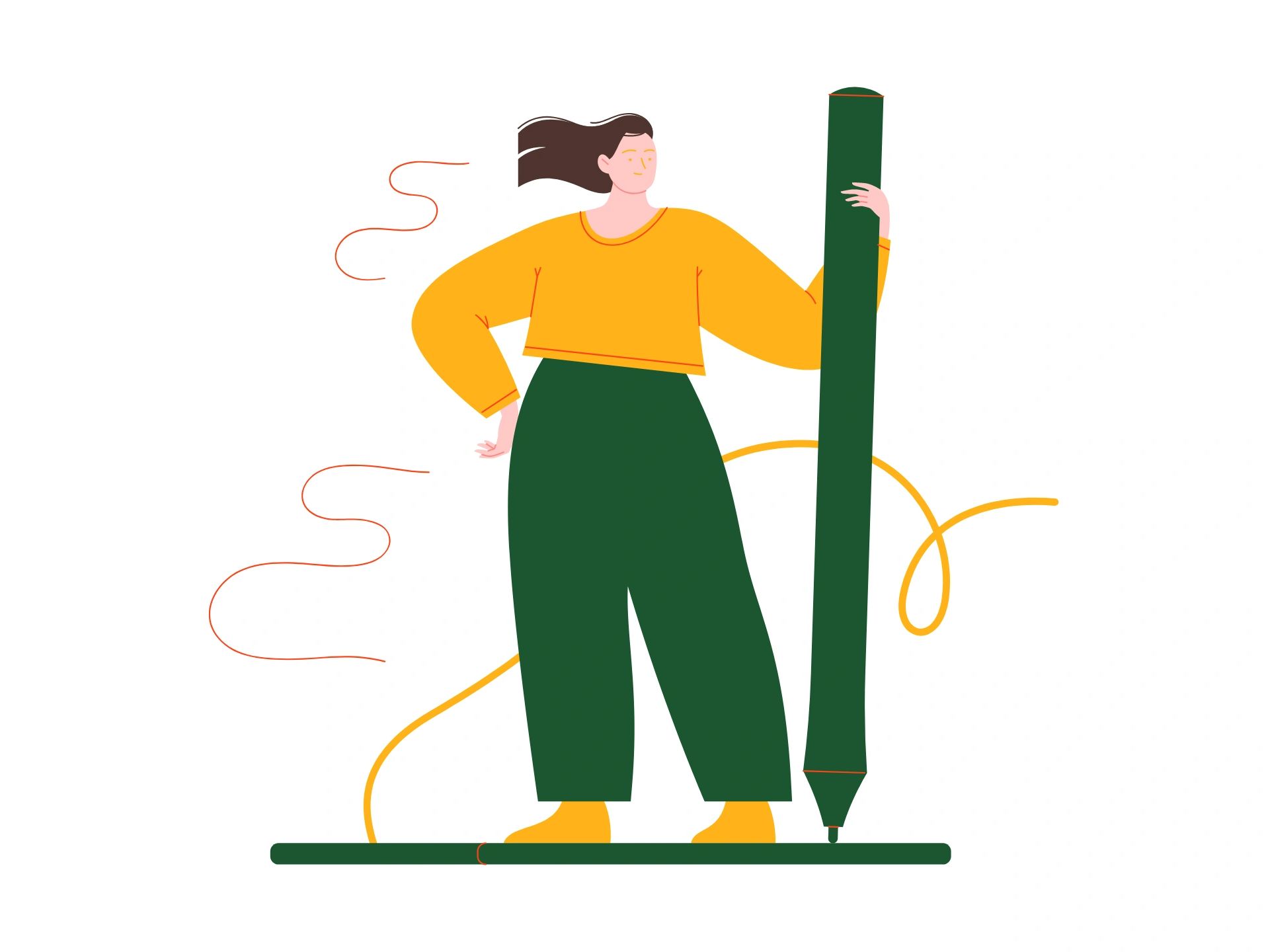 Illustration of a woman writing with a large pen representing Spanish translation services
