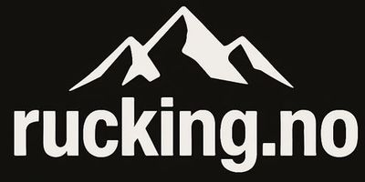Logo with mountain graphic and text 'rucking.no' in white on black background.