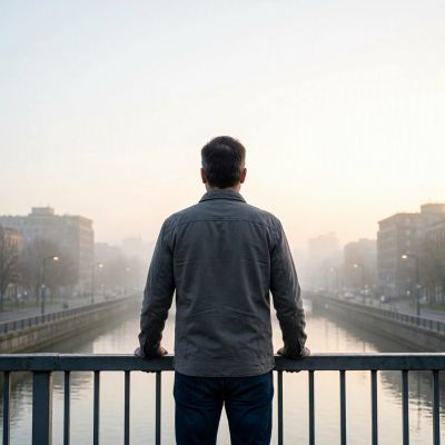 Realistic image showing a man looking over nature and a city, as you see growth in man, nature, and 