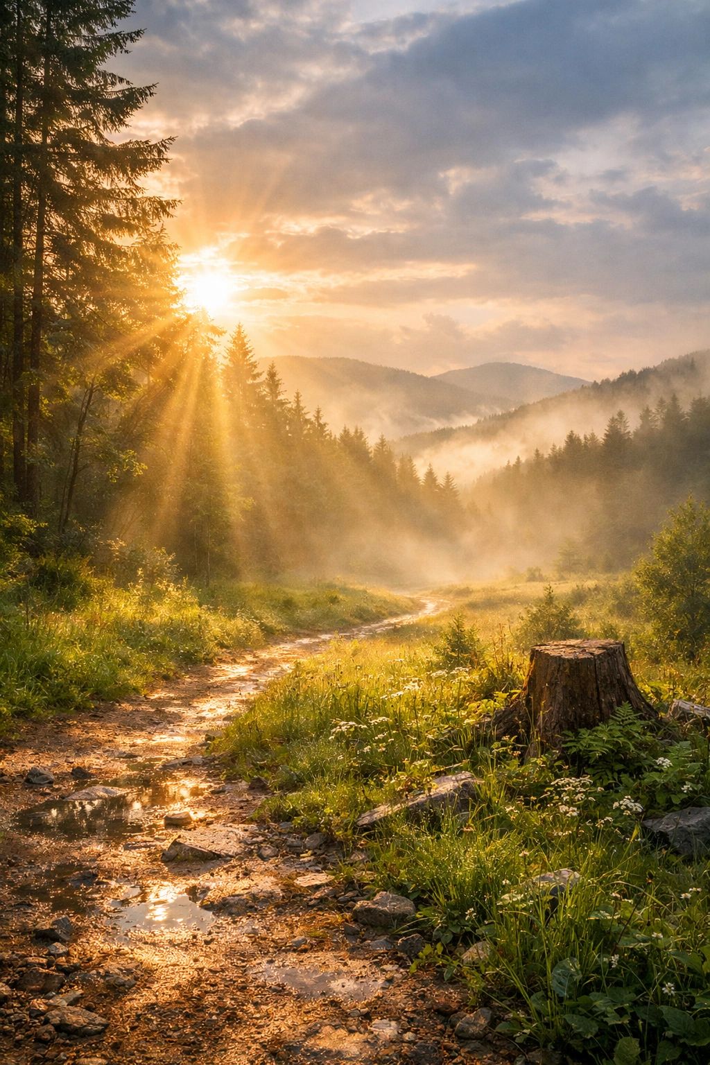 Realistic image symbolizing recovery and renewal, sunlight breaking through mist over a forest clear