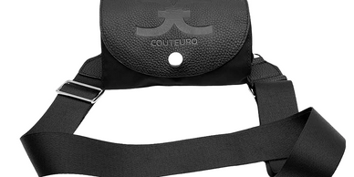 Black leather waist bag with adjustable strap and silver button.