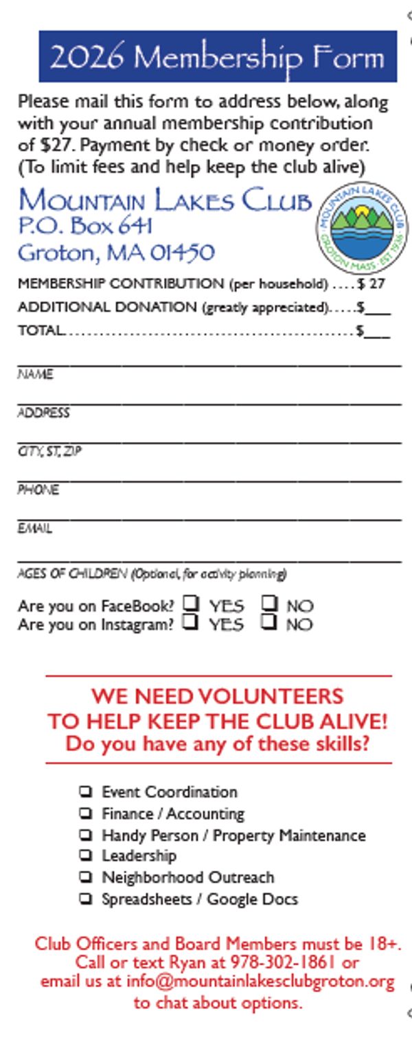 2026 Mountain Lakes Club membership form with volunteer skill options and contact details.