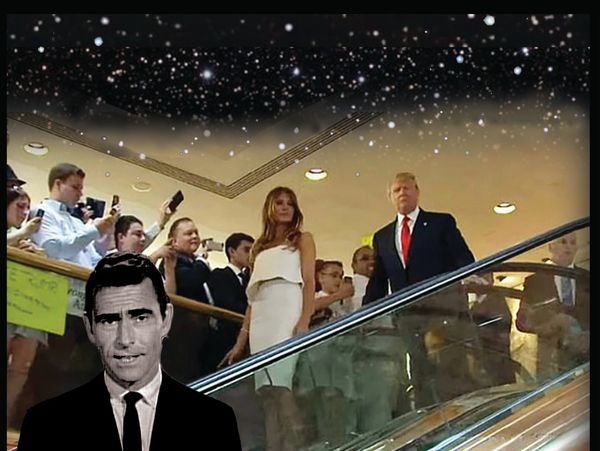 Rod Serling overseeing Donald and Melania Trump down escalator. Ray Jadwick, satire.