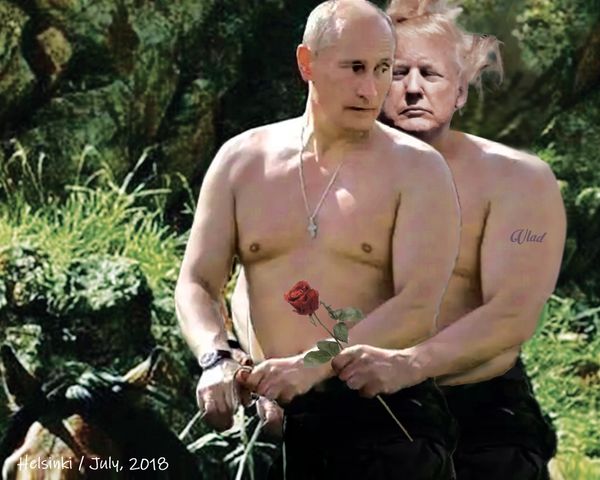 Trump and Putin riding horseback. Helsinki, 2018. Satire.