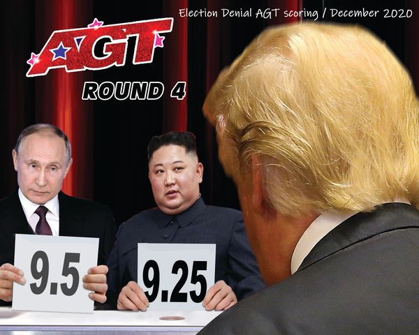 America's Got Talent judges, Putin and Kim Jong Un, scoring Trump's Election denial. December, 2020.