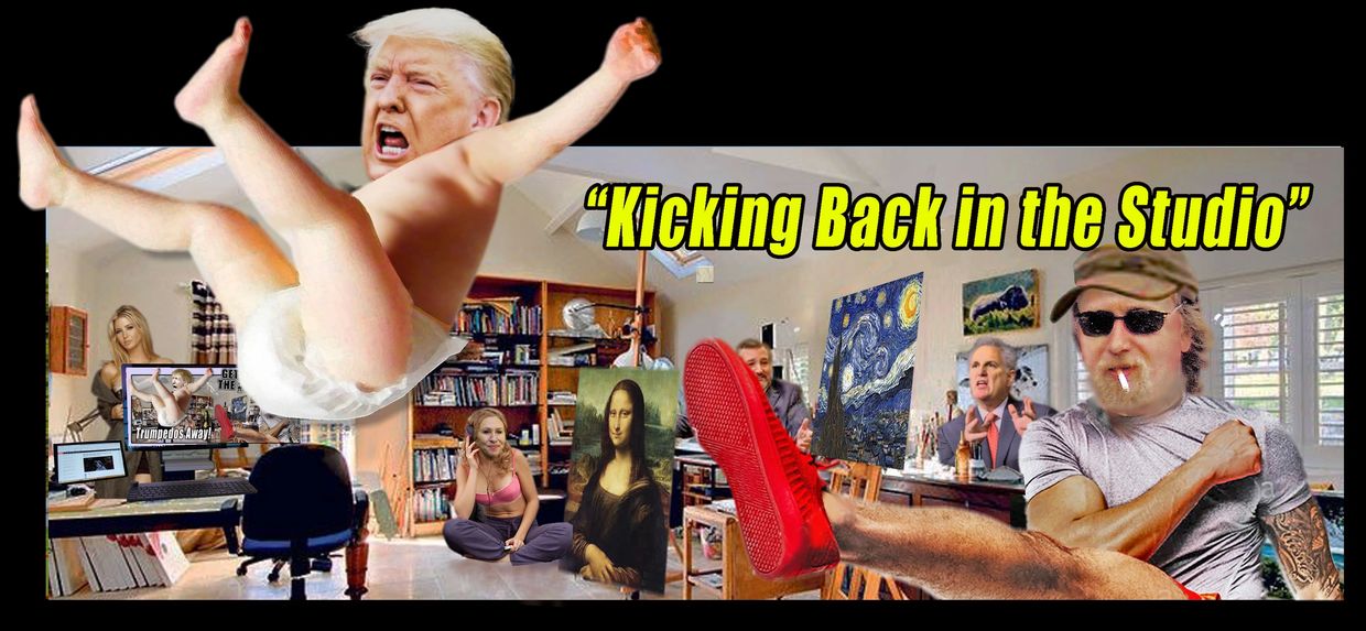 Ray Jadwick in studio giving Donald Trump the boot. Trump satire.