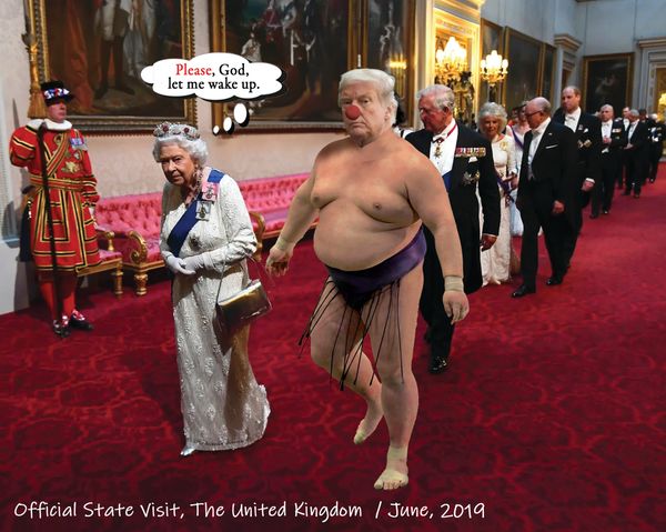 Trump and Queen Elizabeth walking. The United Kingdom, Official State Visit. June, 2019. Trump Satir