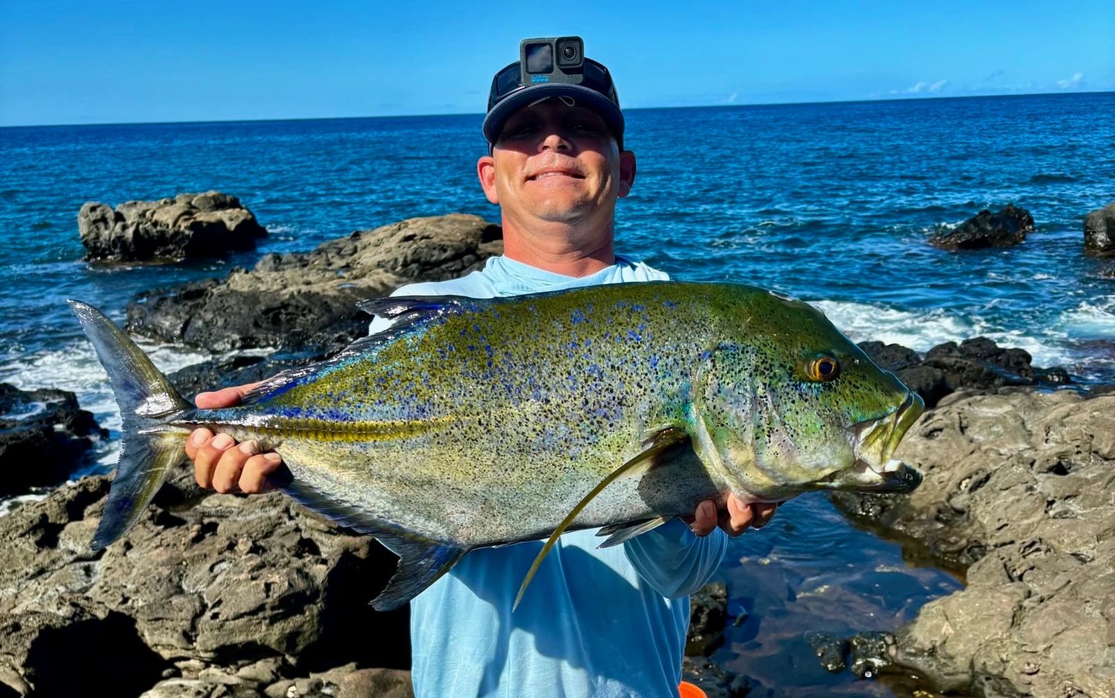 Man holding a large colorful fish by the rocky shore under clear blue skies.
