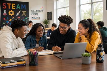 Four students collaborating on a project around a laptop in a bright classroom.