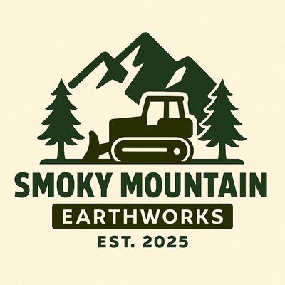 Logo of Smoky Mountain Earthworks featuring a bulldozer, mountains, and trees.