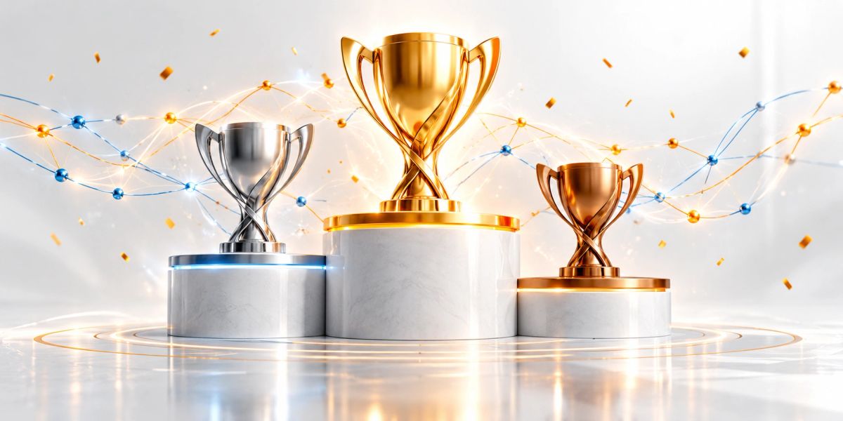 Gold, silver and bronze trophies on a podium
