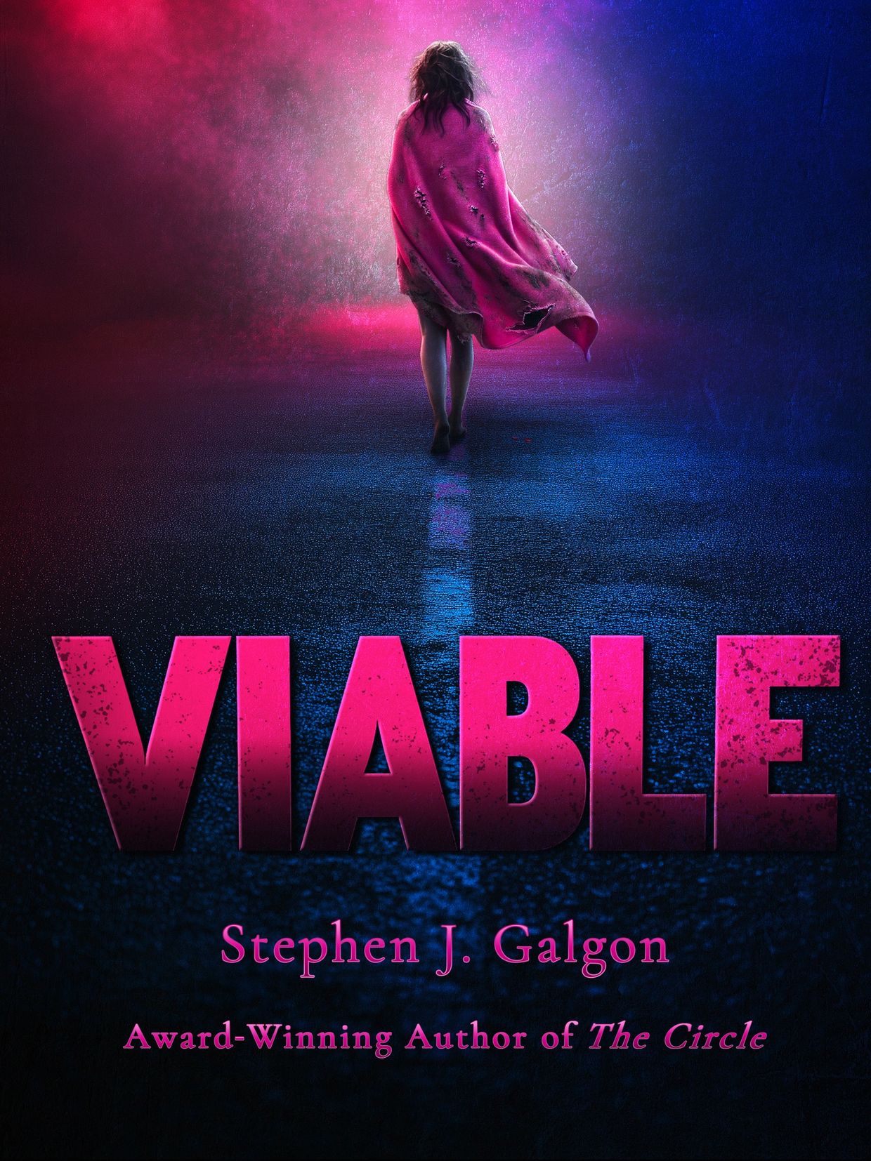 Woman in tattered pink cloak walking towards bright light.