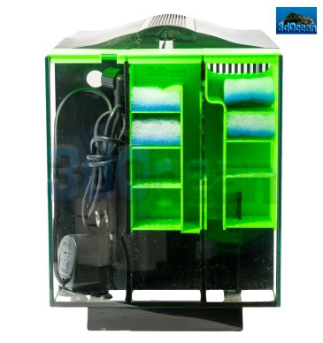 Top view of a green and black aquarium filter with sponges and a power cord.