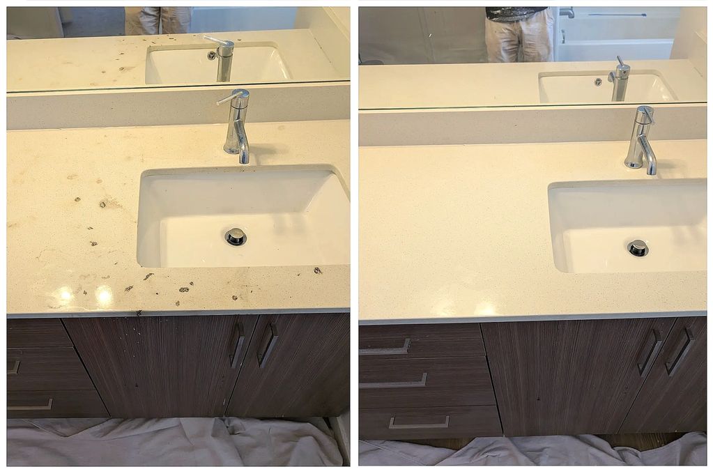 Side-by-side comparison of a bathroom sink countertop before and after cleaning.
