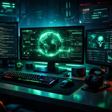High-tech computer setup with multiple screens displaying digital data and a glowing globe.