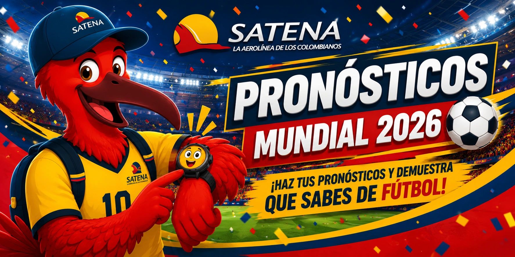 Mascot in yellow jersey promoting 2026 World Cup predictions for SATENA airline.