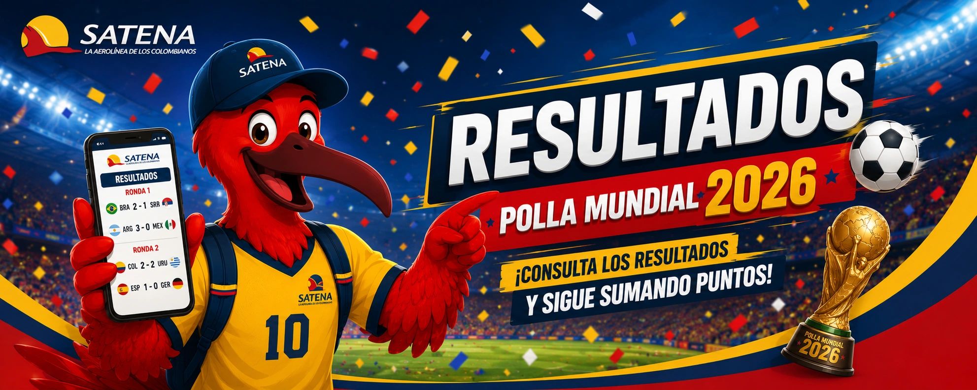 Mascot shows 2026 World Cup poll results on phone with vibrant stadium background.