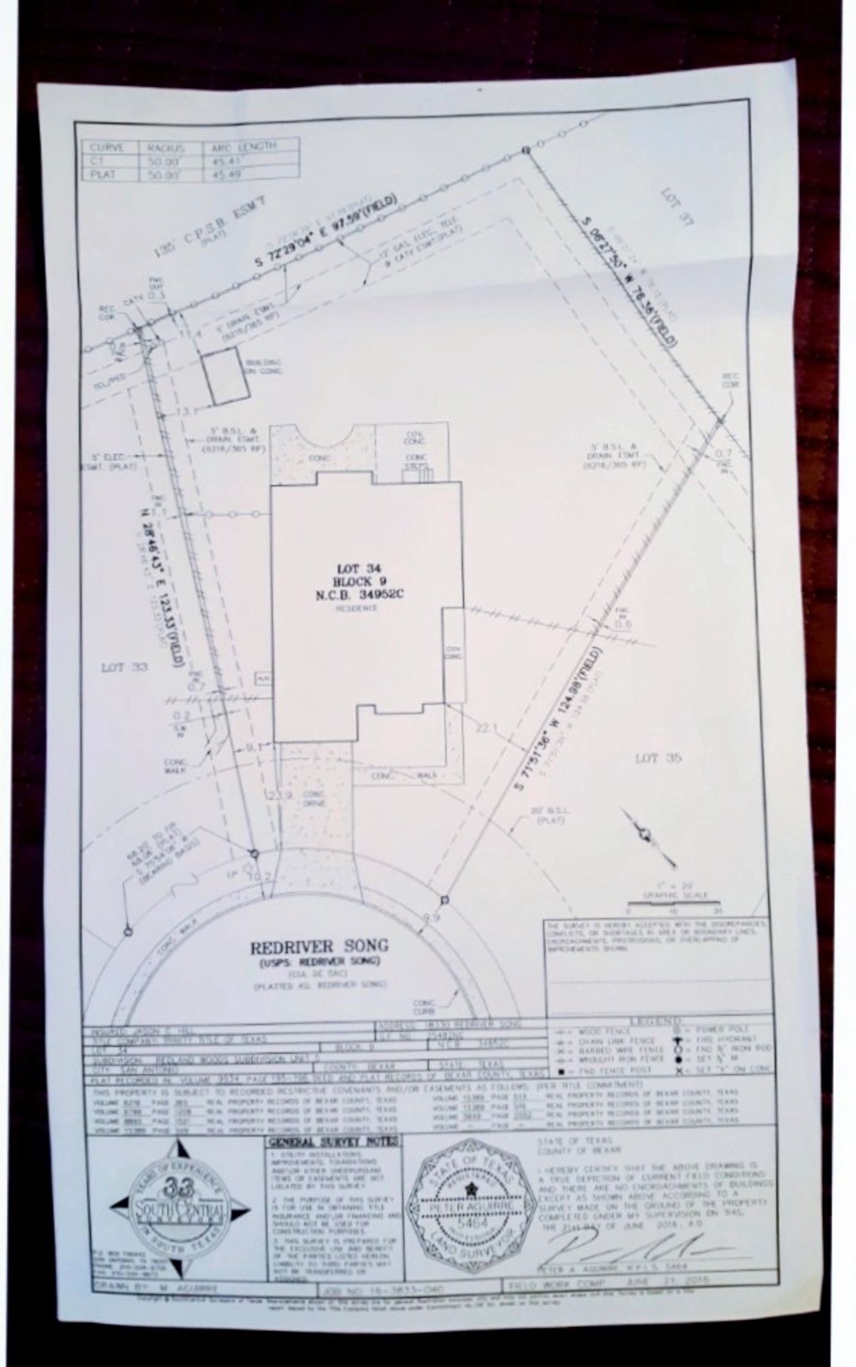 Survey plan for lot 34 in Redriver Song, DeKalb County, Texas.