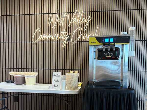 Soft serve ice cream machine setup at West Valley Community Church event.
