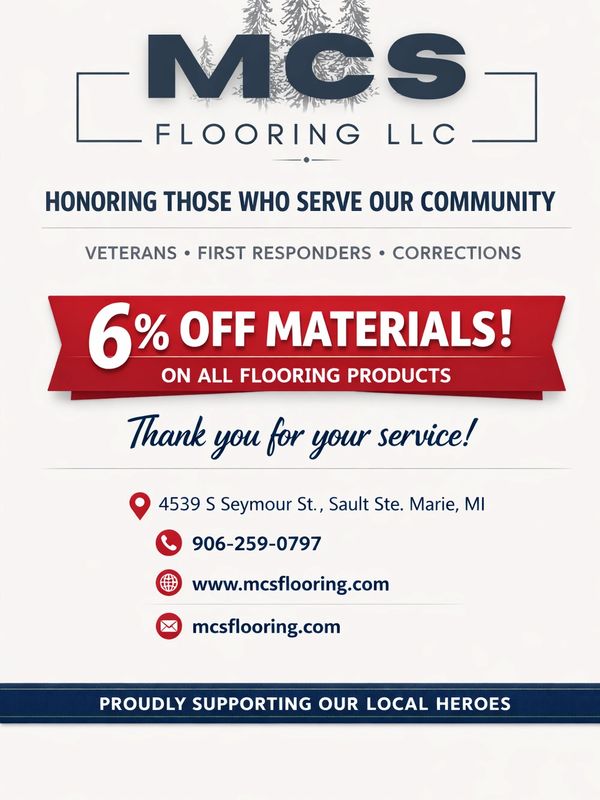 MCS Flooring offers 6% off to veterans, first responders, and corrections.